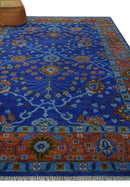Blue and Rust Hand Knotted Traditional Floral Oushak 8.9x12.1 Wool Area Rug