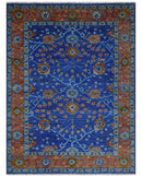 Blue and Rust Hand Knotted Traditional Floral Oushak 8.9x12.1 Wool Area Rug