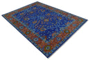 Blue and Rust Hand Knotted Traditional Floral Oushak 8.9x12.1 Wool Area Rug