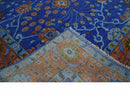 Blue and Rust Hand Knotted Traditional Floral Oushak 8.9x12.1 Wool Area Rug