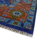 Blue and Rust Hand Knotted Traditional Floral Oushak 8.9x12.1 Wool Area Rug