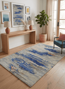 Blue and Silver Modern Abstract Hand Tufted Wool and Art Silk 5x8 Area Rug