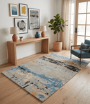 Blue and Silver Modern Abstract Hand Tufted Wool and Art Silk 5x8 Area Rug