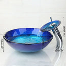 Blue chrome tall waterfall faucet and glass sink set for bathroom