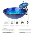 Blue chrome tall waterfall faucet and glass sink set for bathroom