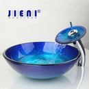 Blue chrome tall waterfall faucet and glass sink set for bathroom