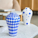 Blue geometric quilted ceramic vase set living room decor