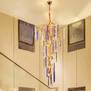 Blue & gold crystal pendant chandelier stairwell cascading glass light