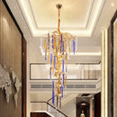 Blue & gold crystal pendant chandelier stairwell cascading glass light
