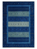 Blue, Gray and Silver Stripes design Hand loom Tribal Gabbeh Traditional 4.6x7 Wool Area Rug