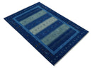 Blue, Gray and Silver Stripes design Tribal Gabbeh Traditional Custom Made Wool Area Rug