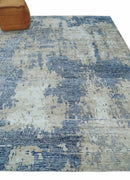Blue, Ivory and Beige Hand Knotted Abstract 8x10 Bamboo Silk Area Rug | TRD2911