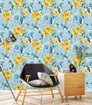 Blue Leaves and Yellow Flowers Wallpaper