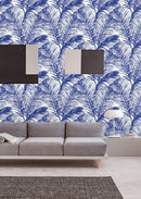 Blue Leaves on White Wallpaper