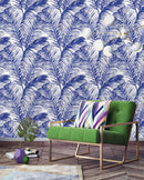 Blue Leaves on White Wallpaper