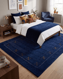 Blue Tribal Border Design Hand Loomed Wool Area Rug