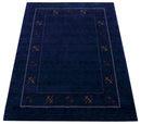 Blue Tribal Border Design Hand Loomed Wool Area Rug