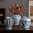 DecorBites™ Blue & White Porcelain Vase Desk Decor with Artificial Flowers
