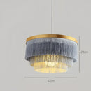 Bohemian gold tiered chandelier gray & golden fringe bedroom light
