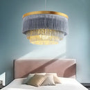 Bohemian gold tiered chandelier gray & golden fringe bedroom light