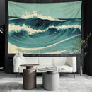 Bohemian teal & white blue wave oil painting tapestry bedroom decor