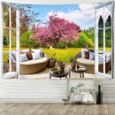 Bohemian wood tapestry wall hanging garden scene bedroom decor