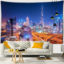 Boho chic night view blue & white cityscape tapestry bedroom wall art