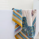 Boho cotton gauze bath towel beige & blue paisley bathroom wrap