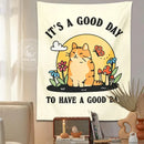 Boho cream cat tapestry with flowers and mushrooms for living room