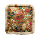 Boho dark floral square seat cushions with gray faux fur trim dining room