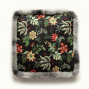 Boho dark floral square seat cushions with gray faux fur trim dining room