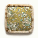 Boho dark floral square seat cushions with gray faux fur trim dining room