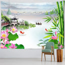 Boho ink lotus koi tapestry bedroom wall art