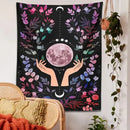 Boho pink botanical moon tapestry bedroom floral wall art