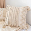 Boho square pillowcase with white zigzag and teal tassels living room