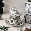 Botanical black bird ceramic coffee cup and saucer set dining room