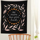 Botanical olive leaf moon phase black tapestry bedroom wall decor