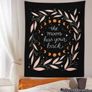 Botanical olive leaf moon phase black tapestry bedroom wall decor