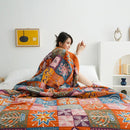 Botanical orange & blue cotton gauze blanket bedspread bedroom set