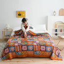 Botanical orange & blue cotton gauze blanket bedspread bedroom set