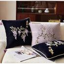 Botanical wisteria embroidered black velvet cushion cover bedroom