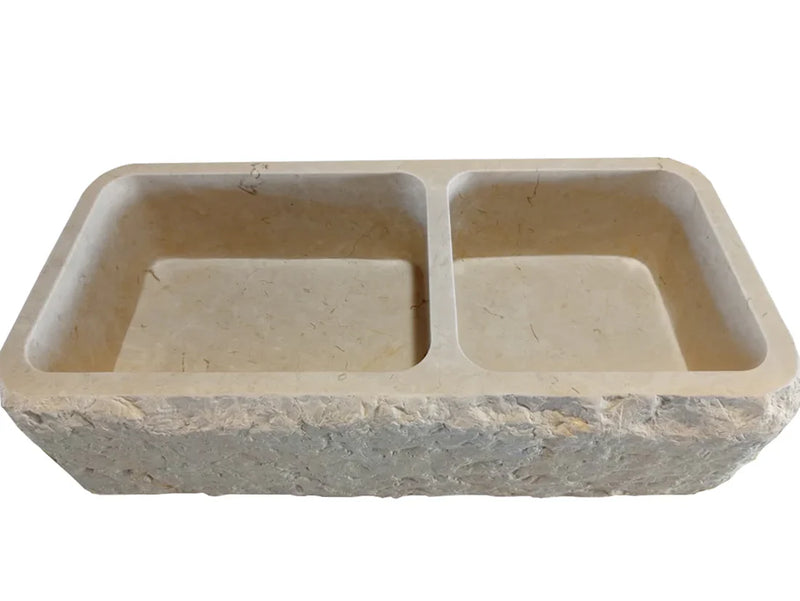 Botticino Beige Marble Farmhouse Apron Kitchen Double Sink (W)16" (L)32" (H)10" split face top angle view