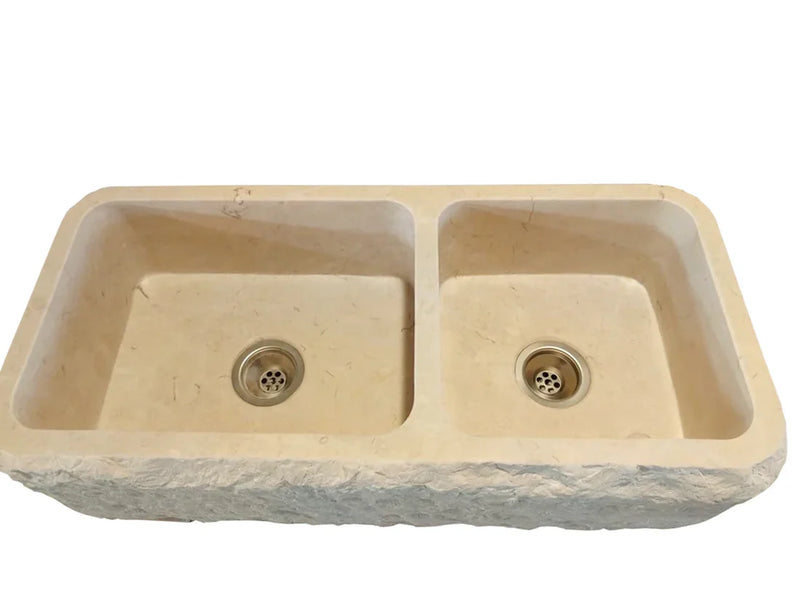 Botticino Beige Marble Farmhouse Apron Kitchen Double Sink (W)16" (L)32" (H)10" split face top view