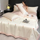 Bowknot embroidered summer bedding set cream & pink bedroom quilt