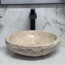 Round Bowl Tan Travertine Vessel Bathroom Sink - Handcrafted Natural Stone Above Counter Vanity Basin
