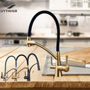 Brass and black dual spout kitchen faucet with dual handles
