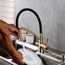 Brass and black dual spout kitchen faucet with dual handles