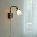 DecorBites™ Brass Walnut Wood LED Wall Sconce with Pull Chain Switch & Flower Glass