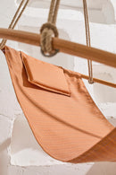 bresse rast blue hanging round chair teak frame product shot closeup