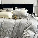 Brocade satin jacquard silver bedding set bedroom damask embroidery
